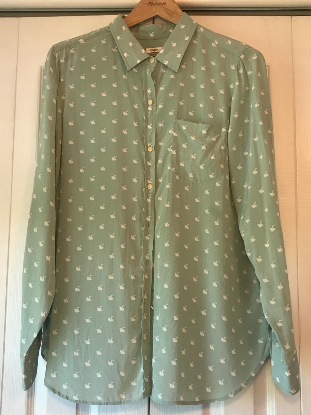 Fossil Sage Green Button-Down Shirt with White Swan Print